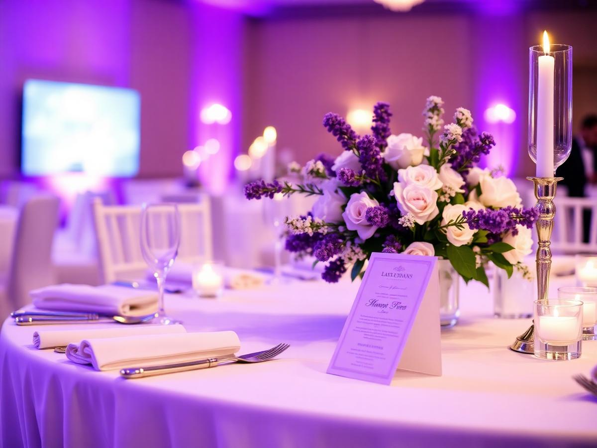 Elegant banquet table setting with lavender florals